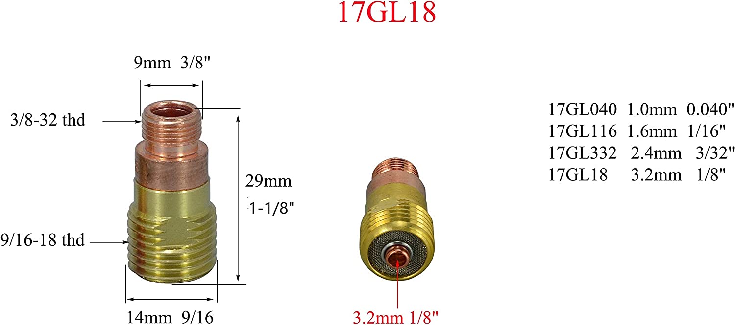 TIG Stubby Gas Lens 17GL18 10N25S(1/8" & 3.2mm")Insulated Cup #10(5/8" & 16mm)Ceramic Cup 53N60 (#6 3/8??) 53N61 ( #7 7/16??), 53N61S (#8 1/2?? ) 17GLG20 Kit Fit DB SR WP 17 18 26 TIG Welding Torch 12pcs