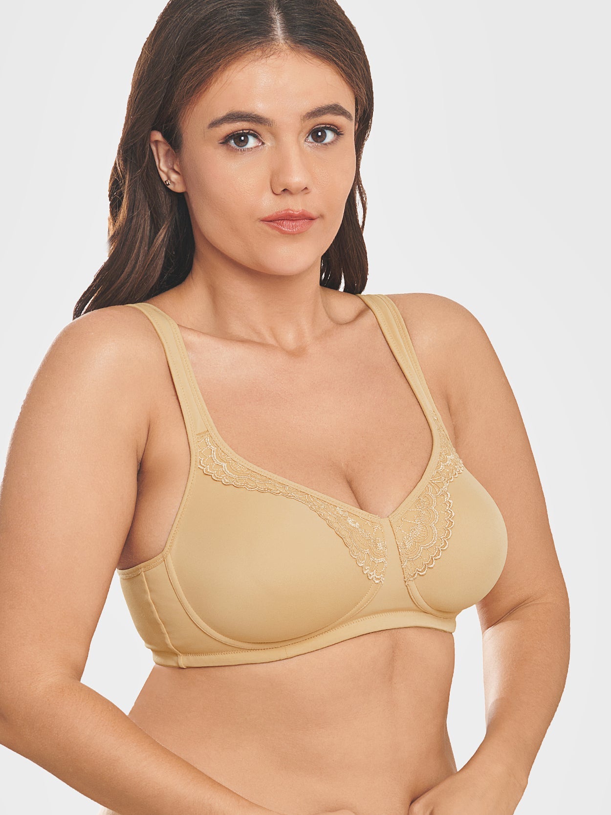 ALSLIAO Ladies Plus Size Firm Support Non Wired Lace Non Padded Full Cup Bra  Minimiser Beige 95D/42D 