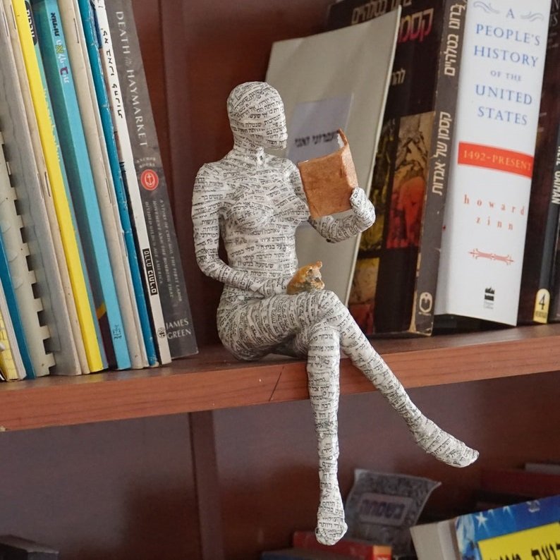 Reading woman, paper mache, bookshelf decor, gift for readers