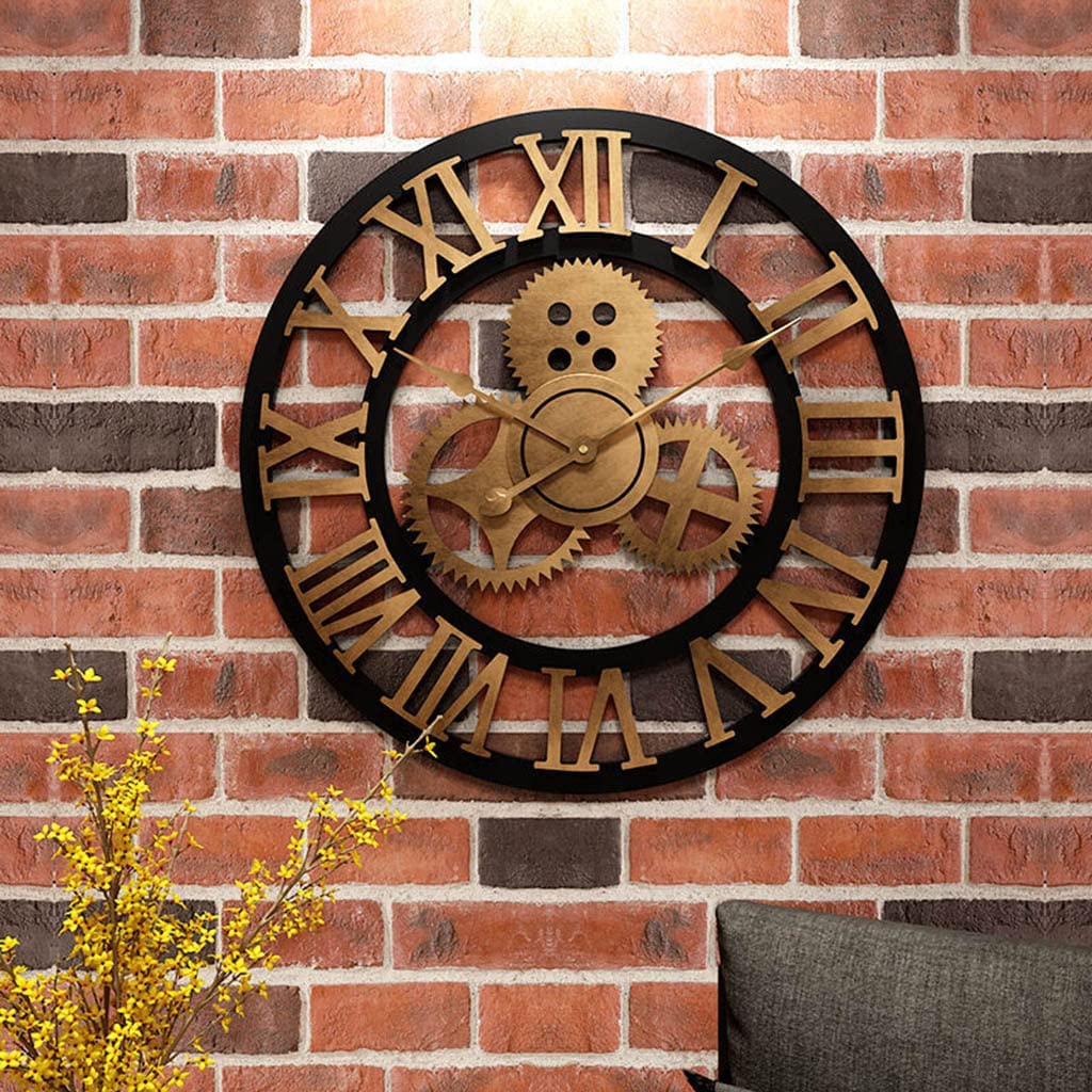 European Steampunk Cog Large Wall Clocks,Vintage Industrial 3D Gear Iron Art Wall Clock with Roman Numerals for Living Room Lounge Bar Gold/40cm