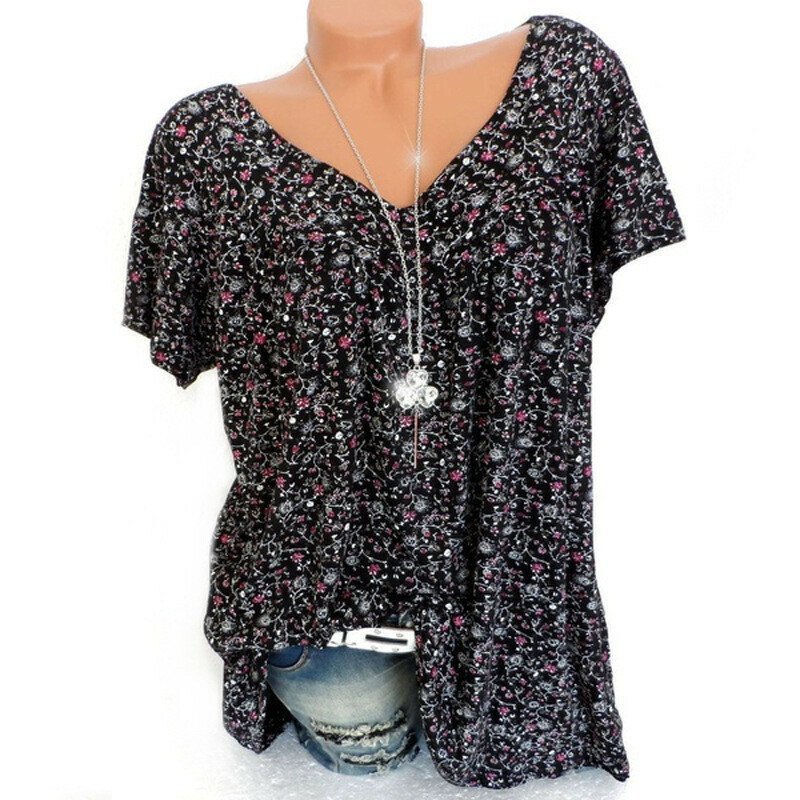 Summer V-neck Loose Short sleeve Print Casual Women's T shirt