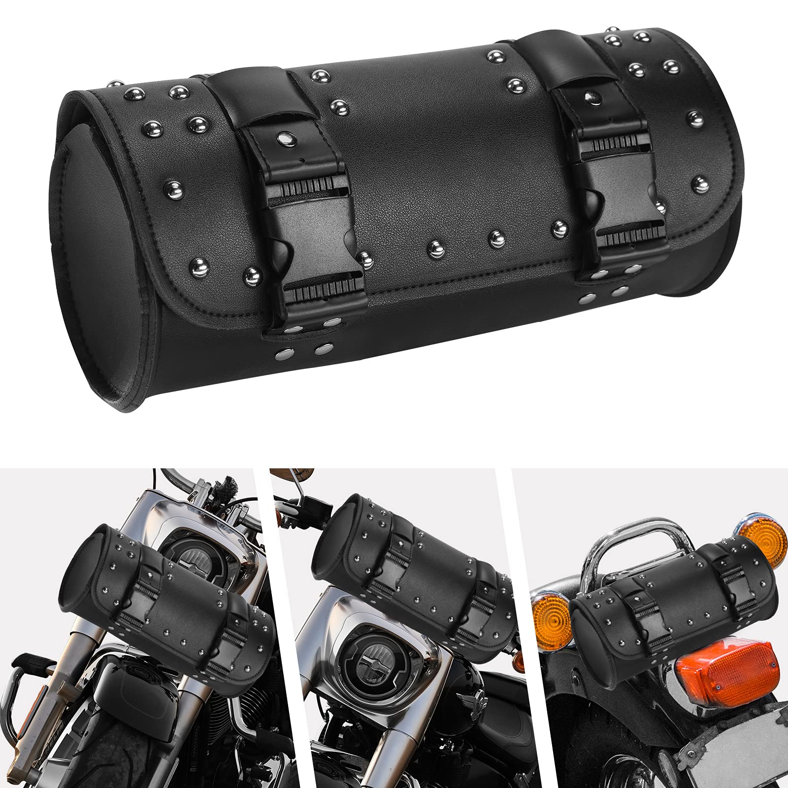 Motorcycle Fork Bag-Universal PU Leather 2 Strap Buckle Closure Vintage Motorcycle Handlebar Bag