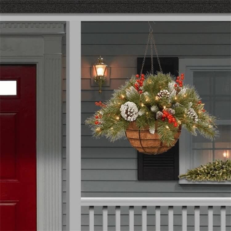 Christmas Hanging Basket - Flocked with Mixed Decorations and White LED Lights - Frosted Berry