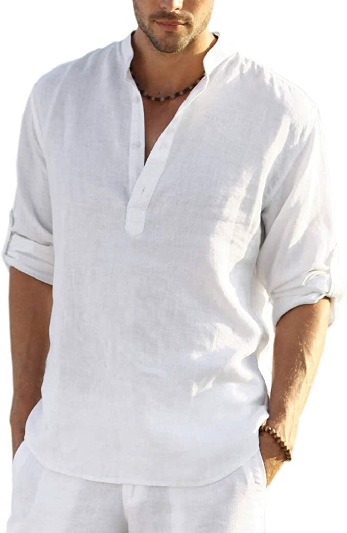 2022 Men's cotton and linen Henley Shirt Long Sleeve Hippie Casual Beach T Shirts