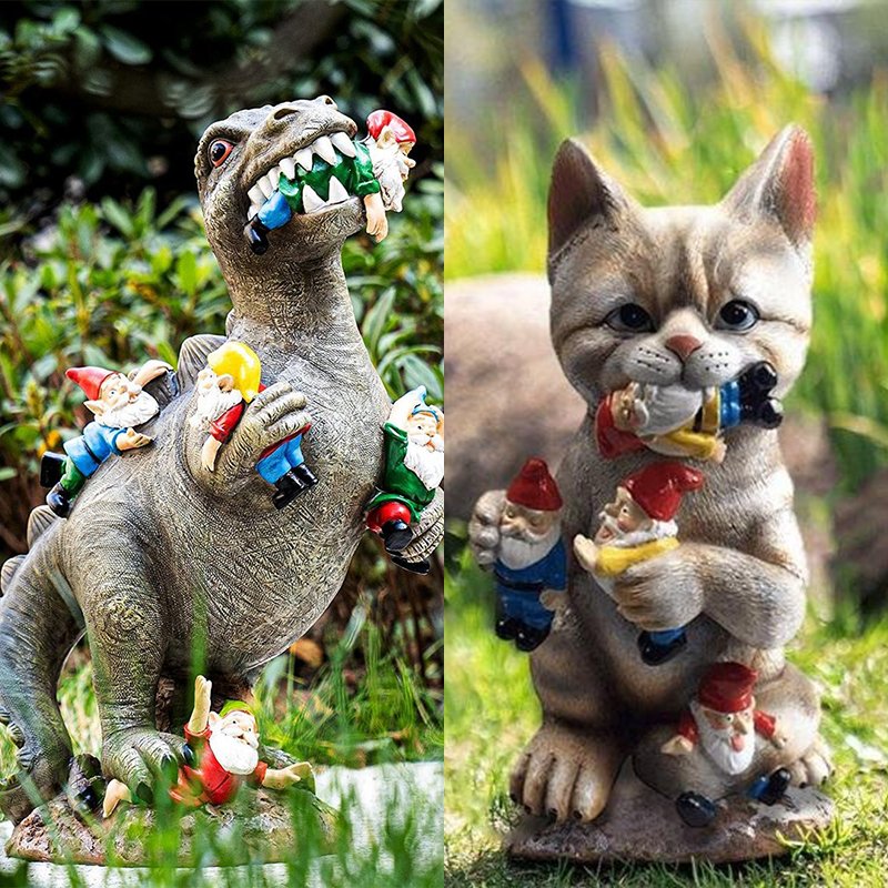 Dinosaur & Cat Eating Gnomes Garden Ornament