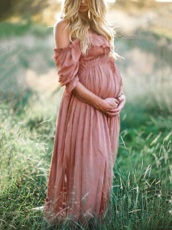 Pink Off Shoulder Ruffle Tiered Maternity Maxi Dress