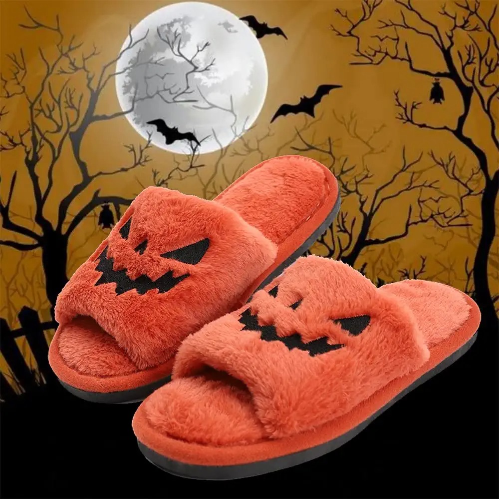Halloween Jack O Lantern Pumpkin Slippers Soft Plush Cozy Open Toe Women Indoor or Outdoor Fuzzy Slippers Gifts For Girls Ladies