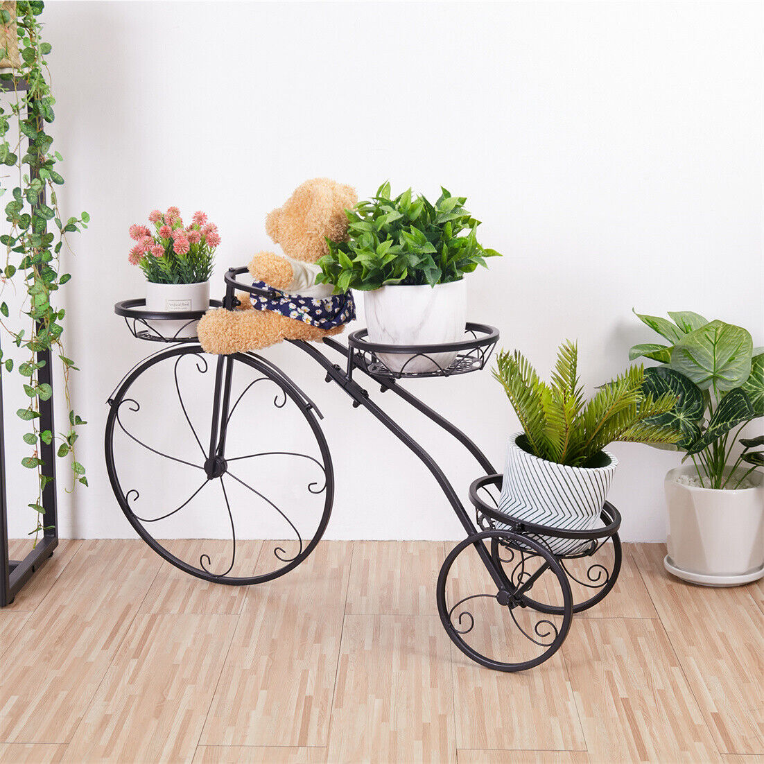 Bicycle Three Flower Pots Holder Art Garden Plant Stand for Indoor Outdoor Yard