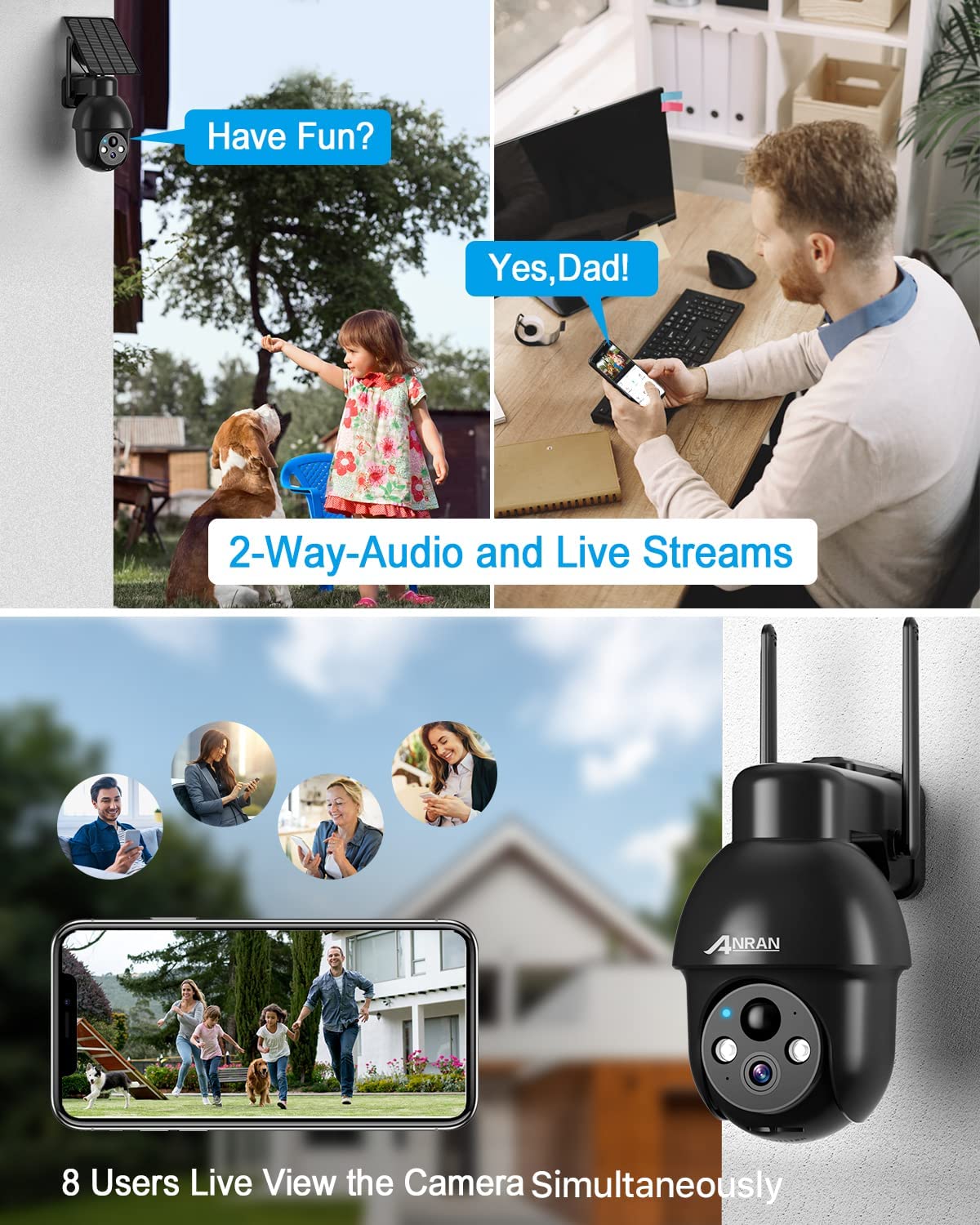 ANRAN 2K Security Camera Outdoor - Solar Camera Wireless with 360° View, Smart Siren, Spotlights, 3MP Color Night Vision, AI Human Detection, 2-Way Talk, Compatible with Alexa, Q3 Black