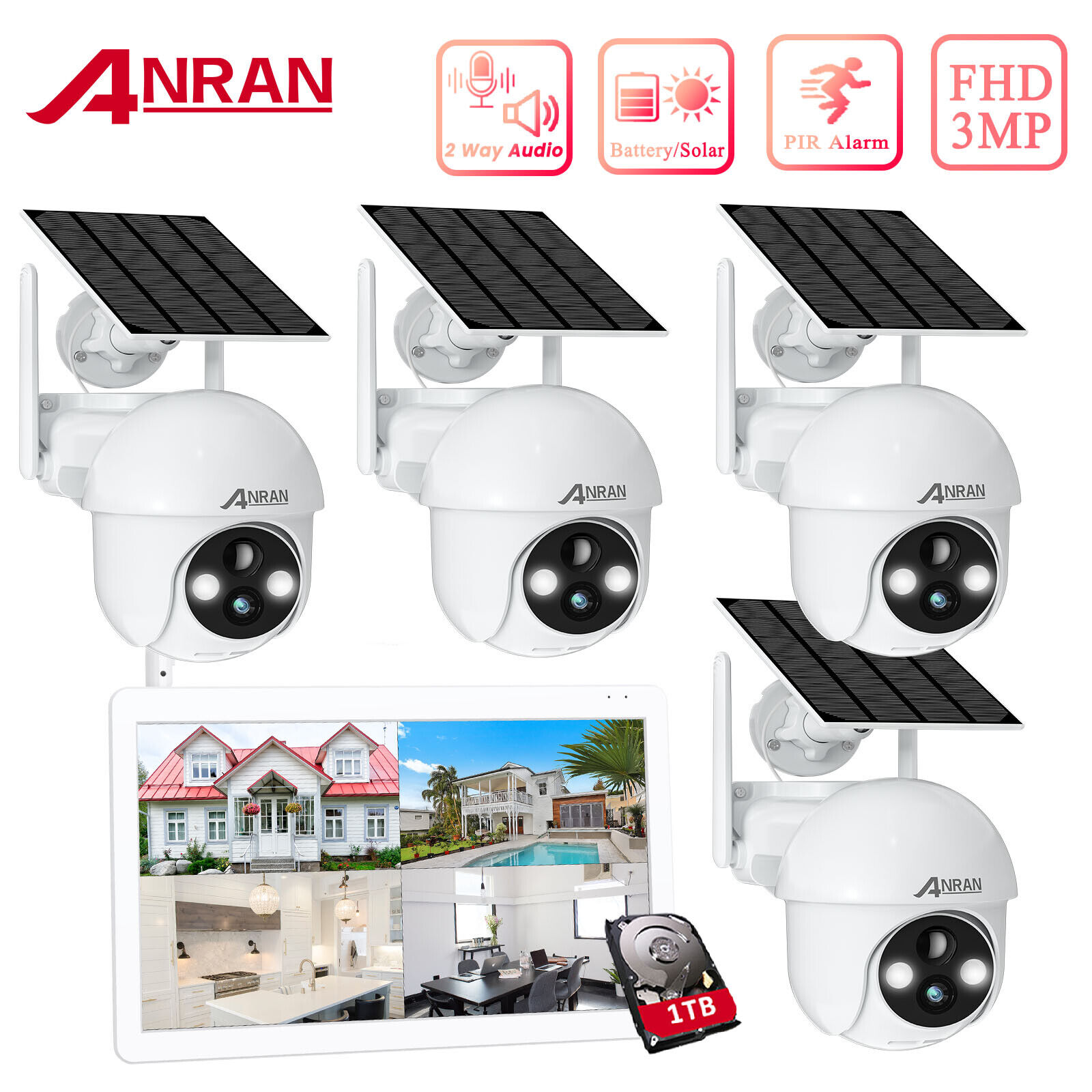 ANRAN 2K Solar Battery Security Camera System Wireless Outdoor 2 Way A