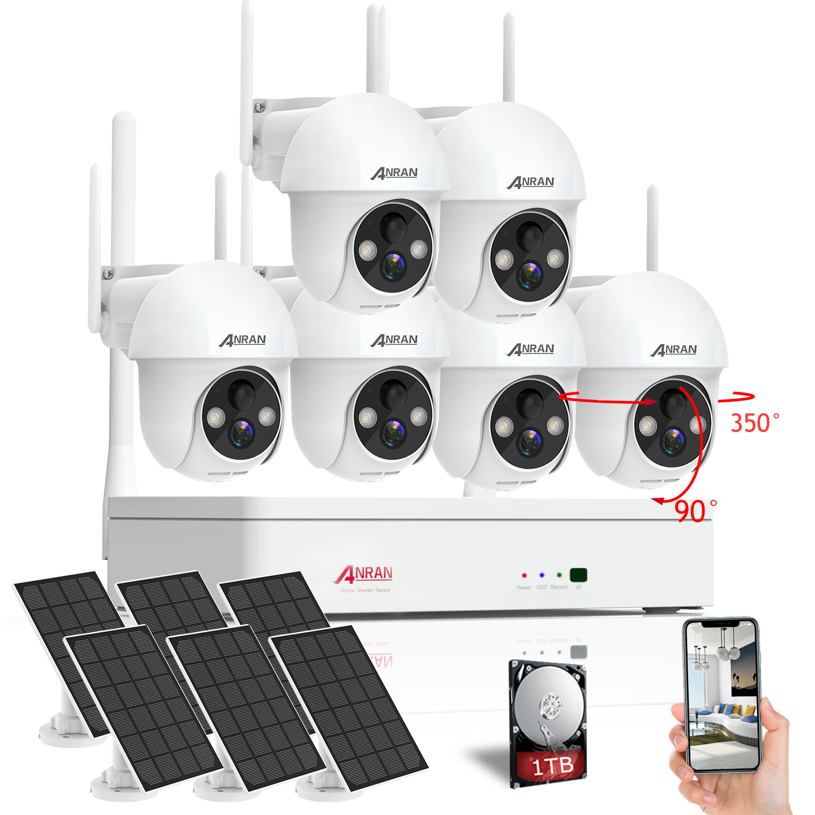 ANRAN 8 Channel NVR Security Camera System Solar Battery Wirelees 2K Outdoor 2Way Audio 1TB 360° PTZ with 6Pcs Cameras and 1TB HDD-ANRAN