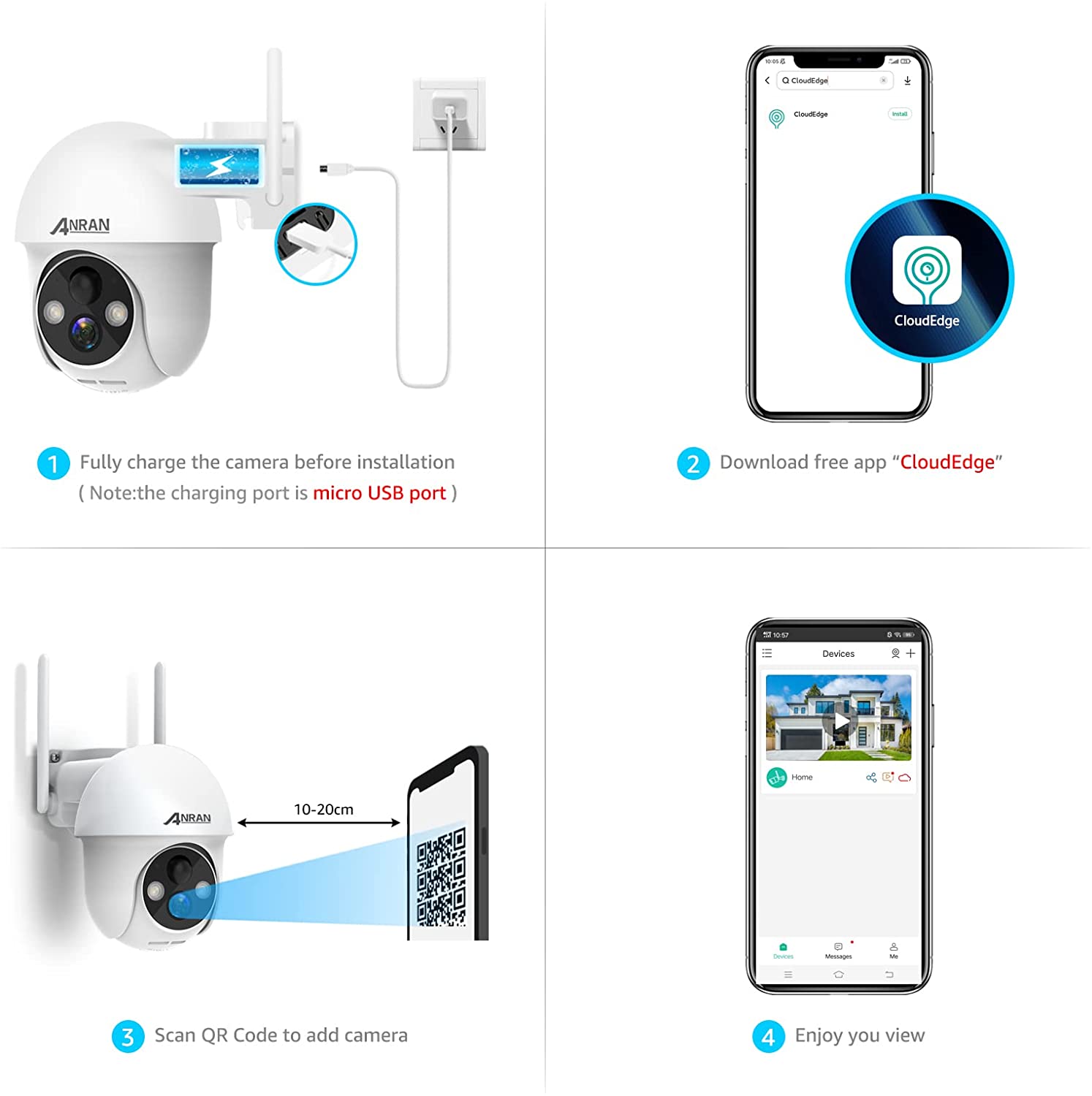 ANRAN Security Camera Wireless Outdoor with 360° View, Solar Outdoor Camera with Smart Siren, Spotlights, Color Night Vision, PIR Human Detection, Pan Tilt Control, 2-Way Talk, IP65, Q1 White-ANRAN