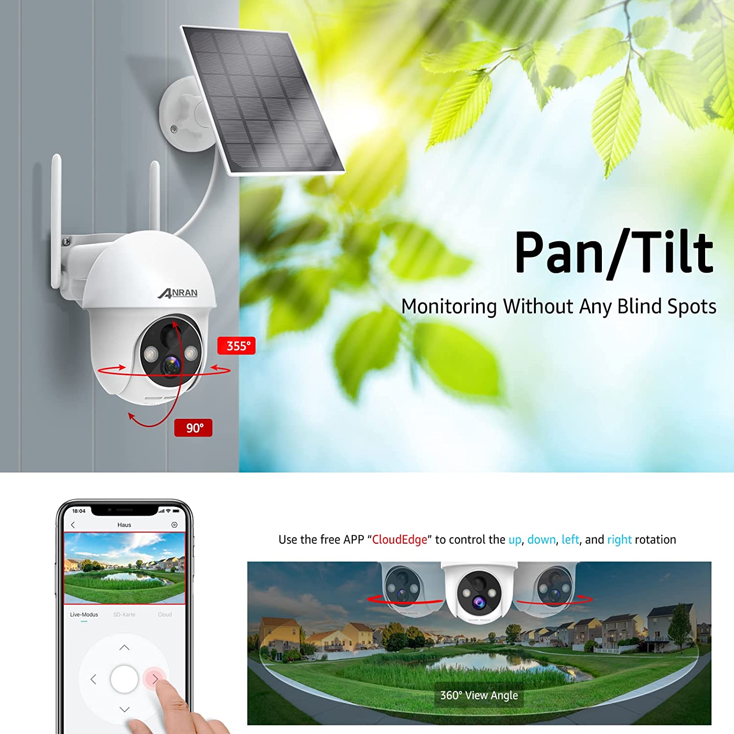 ANRAN Security Camera Wireless Outdoor with 360° View, Solar Outdoor Camera with Smart Siren, Spotlights, Color Night Vision, PIR Human Detection, Pan Tilt Control, 2-Way Talk, IP65, Q1 White-ANRAN