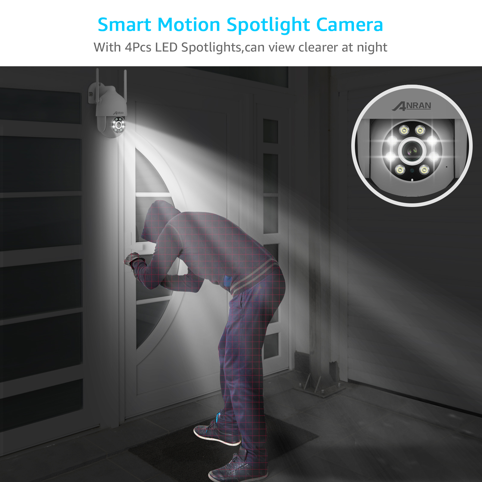 ANRAN Security Camera Outdoor with 360° View, WiFi CCTV Camera, 1080P Home Security Camera, 2-Way Audio, Siren/Light Alarm, Motion Detection, P2 White-ANRAN