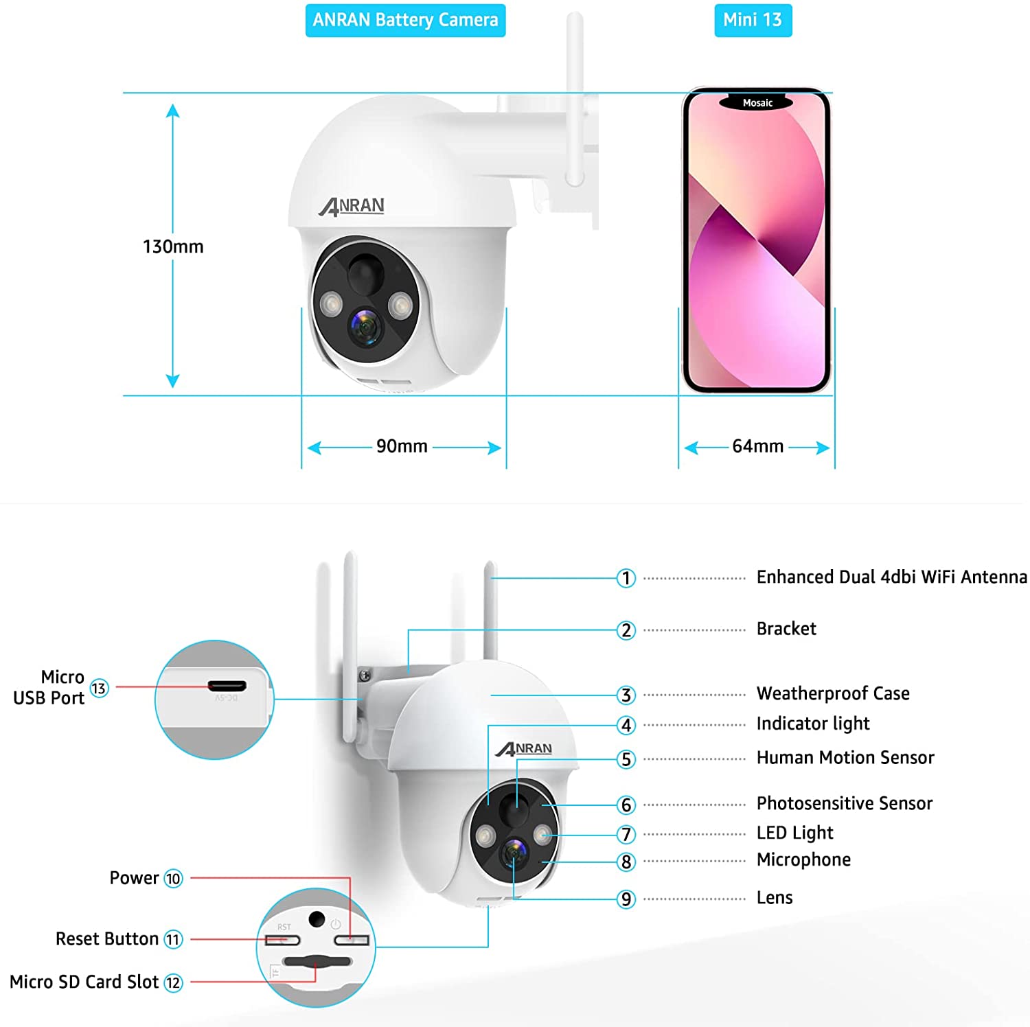 ANRAN Security Camera Wireless Outdoor with 360° View, Solar Outdoor Camera with Smart Siren, Spotlights, Color Night Vision, PIR Human Detection, Pan Tilt Control, 2-Way Talk, IP65, Q1 White-ANRAN