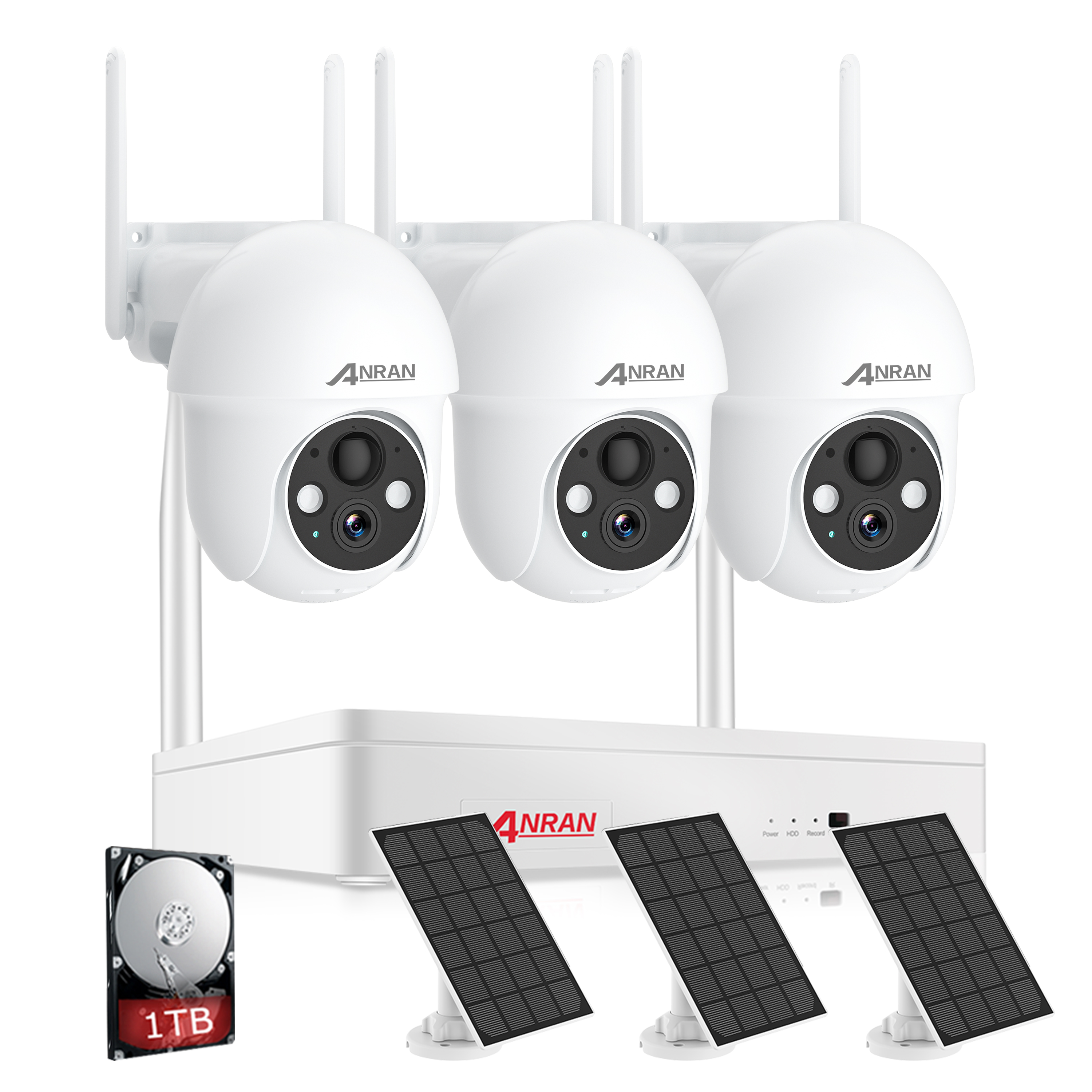 ANRAN Security Camera System Solar Battery Wirelees 2K Outdoor 2Way Audio 1TB 360° PTZ with 3Pcs Cameras and 8 Channel NVR built-in 1TB HDD-ANRAN