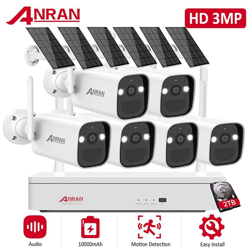 ANRAN Solar Battery WIFI Audio Security Camera System Wireless Outdoor 3MP 8CH NVR 2TB