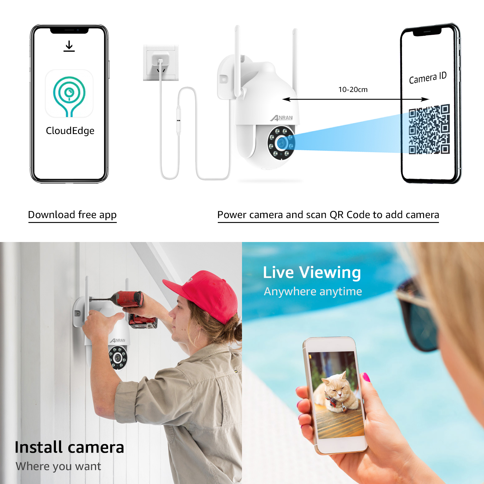 ANRAN Security Camera Outdoor with 360° View, WiFi CCTV Camera, 1080P Home Security Camera, 2-Way Audio, Siren/Light Alarm, Motion Detection, P2 White-ANRAN