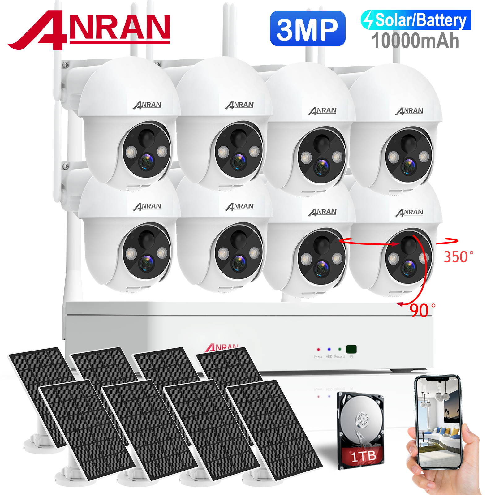 ANRAN 8 Channel NVR Security Camera System Solar Battery Wirelees 2K Outdoor 2Way Audio 1TB 360° PTZ with 6Pcs Cameras and 1TB HDD