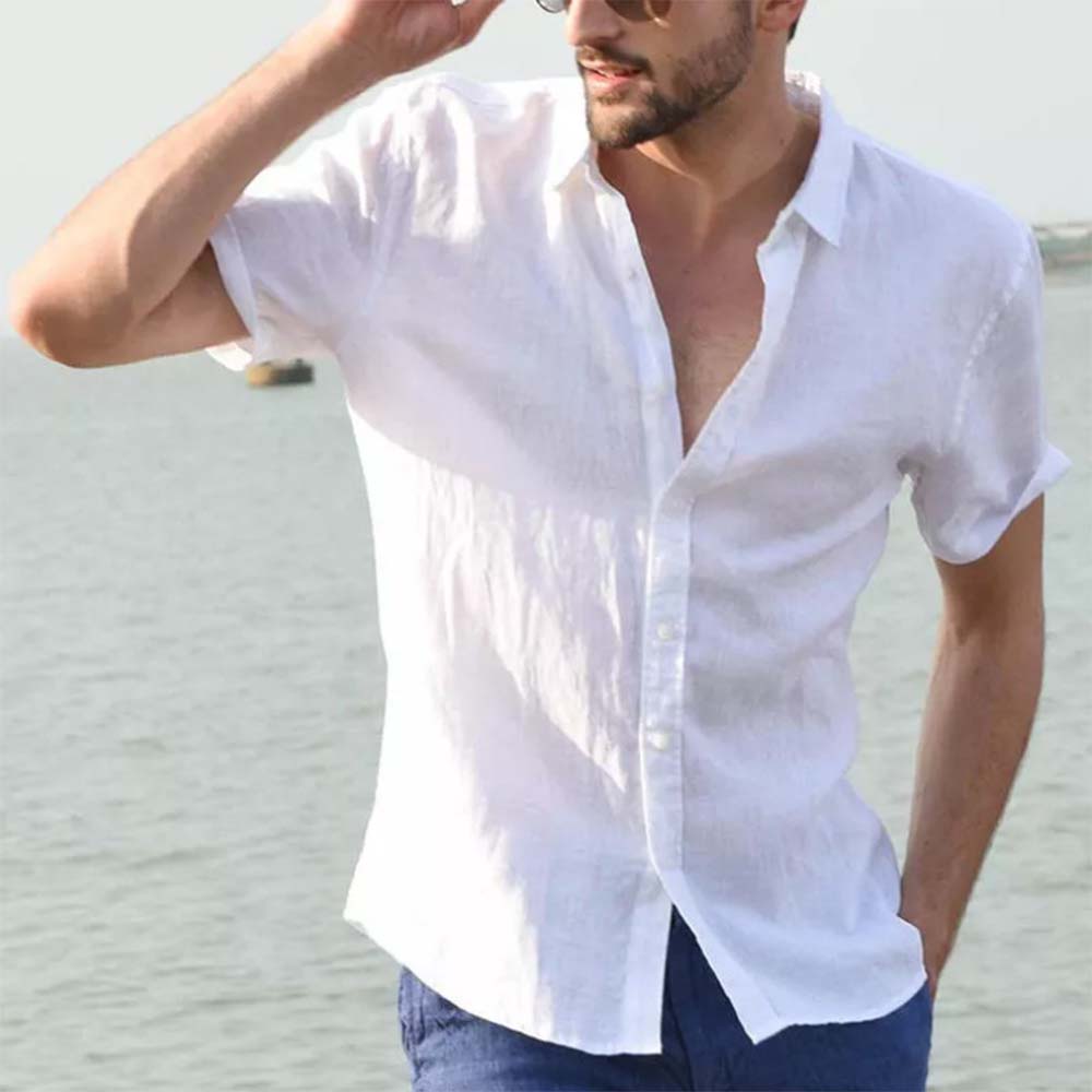 Lunebrille Chemise à manches courtes à revers de couleur unie décontractée pour hommes d'été