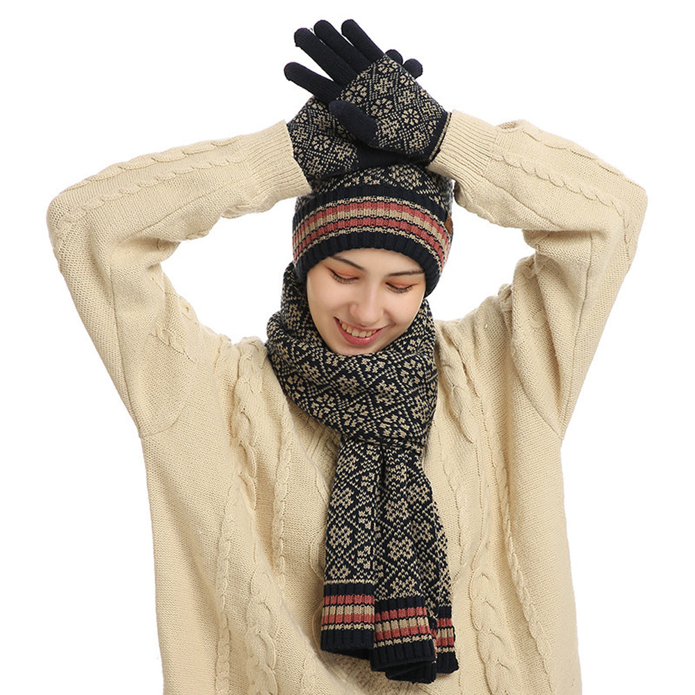 Lunebrille Bonnet jacquard mode résistant au froid, écharpe, gants, ensemble trois pièces