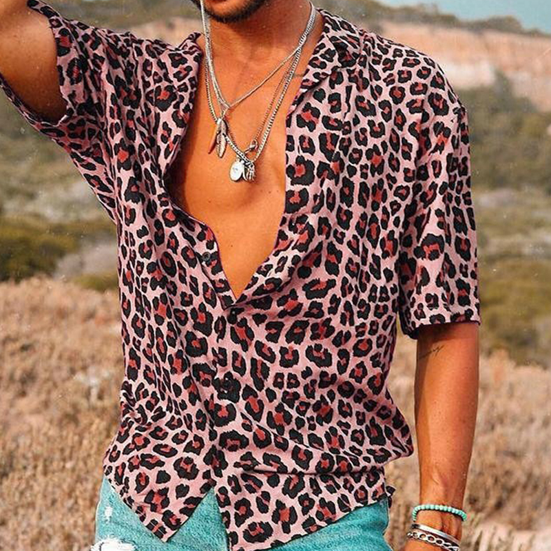 Lunebrille  Chemise homme manches courtes imprimé léopard avec revers