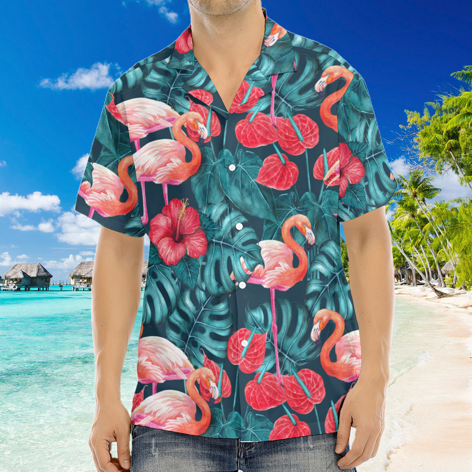 Chemise à manches courtes à imprimé flamant vert hawaïen pour hommes