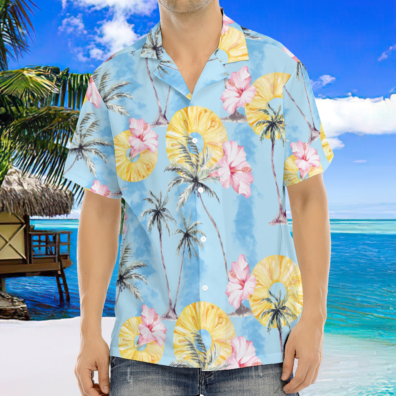 Chemise hawaïenne à imprimé bleu lac pour homme