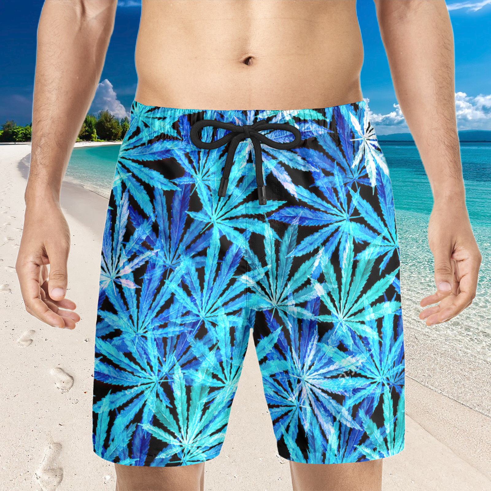 Short de plage hawaïen à imprimé feuilles bleues pour hommes
