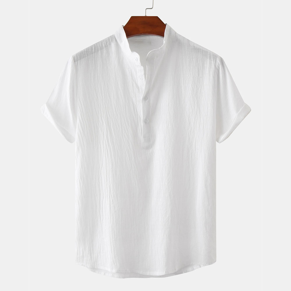 Lunebrille Nouvelle chemise à manches courtes pour homme en coton et lin à col montant d'été