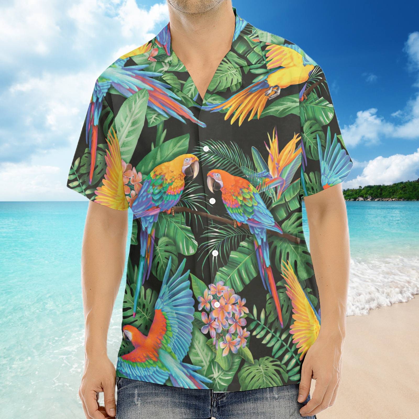 Chemise hawaïenne verte à imprimé perroquet pour homme
