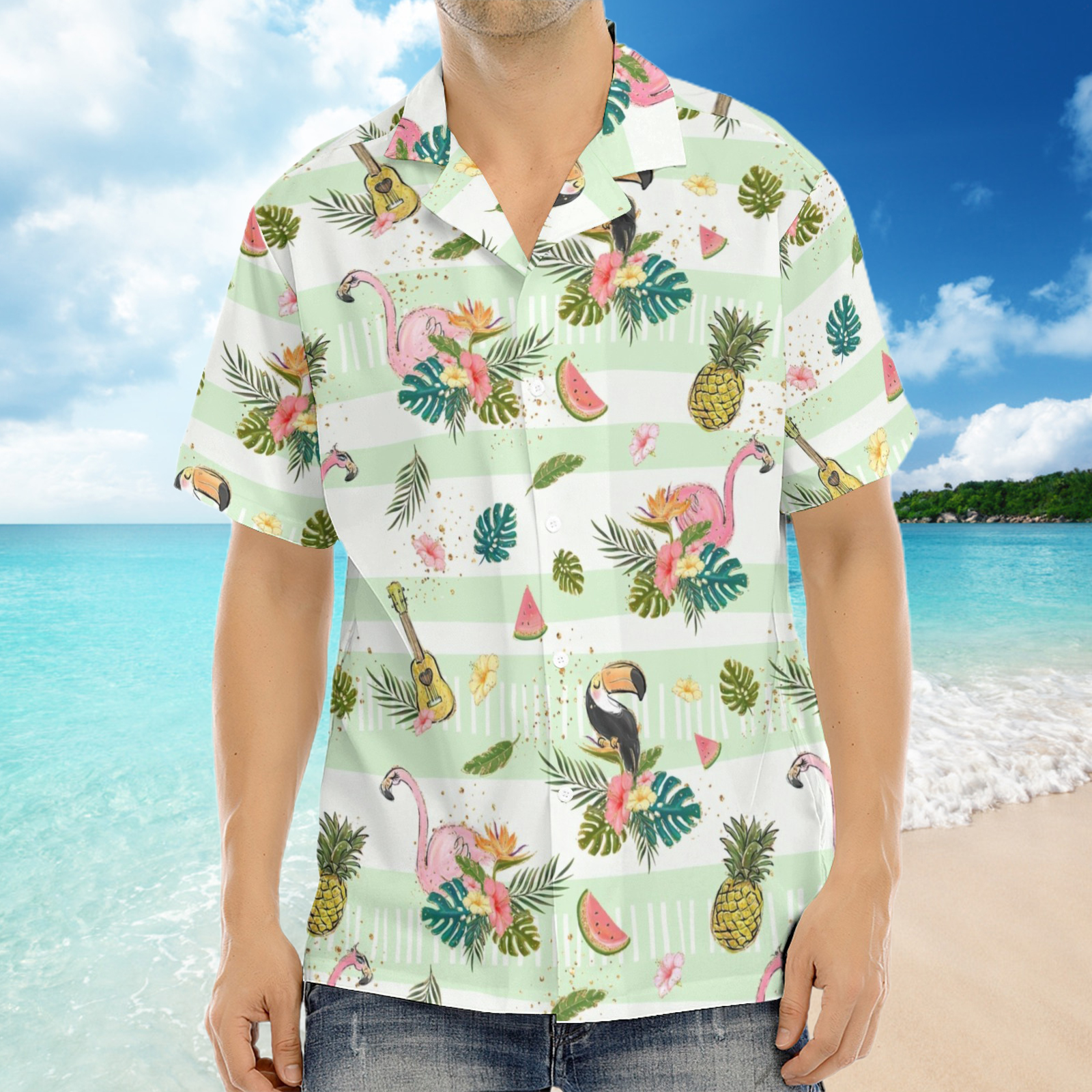 Chemise à manches courtes imprimée hawaïenne vert clair pour hommes