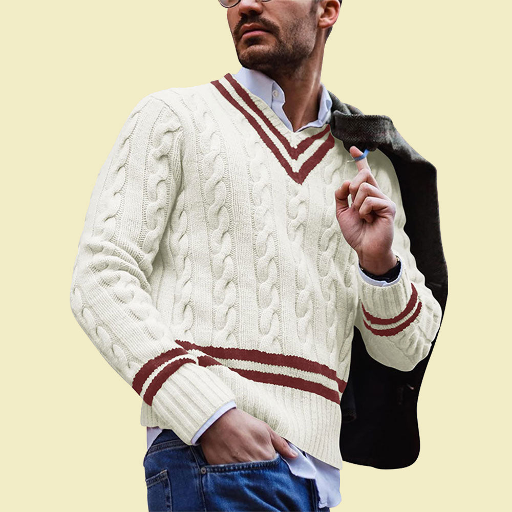 Lunebrille Automne et hiver nouvelle mode chandail tricoté à col en V rayé colorblock pour hommes