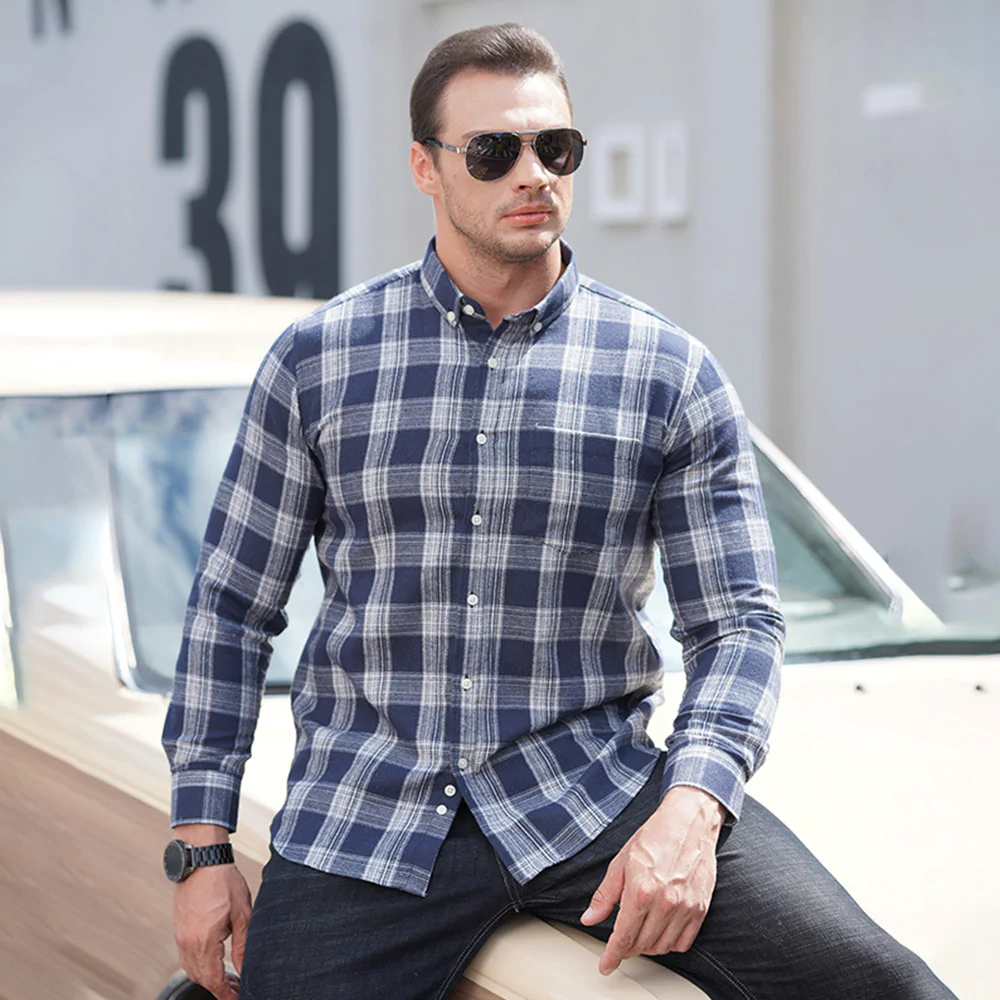 Chemise décontractée à carreaux en tricot brossé à manches longues pour hommes