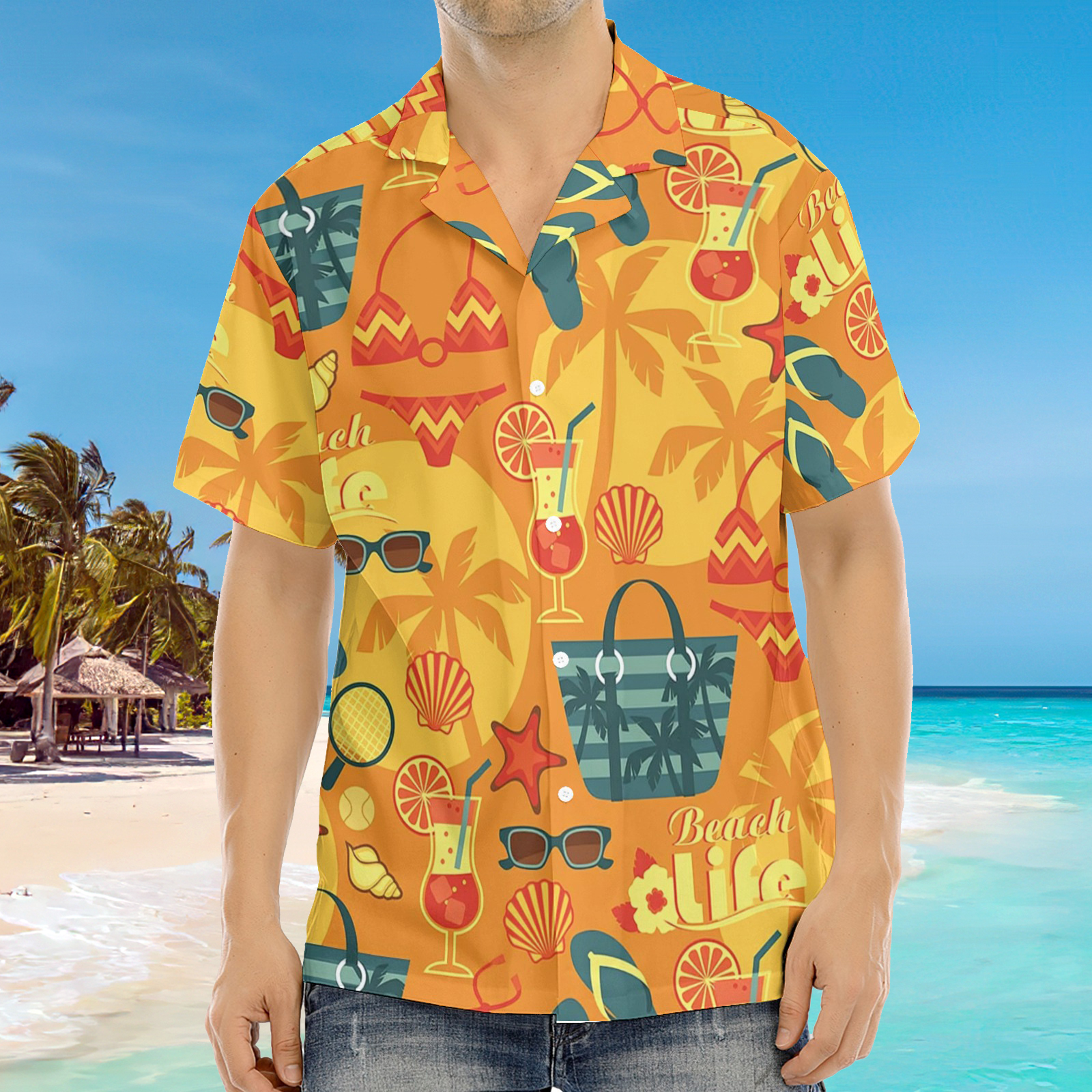 Chemise Hawaïenne Homme Orange Imprimée