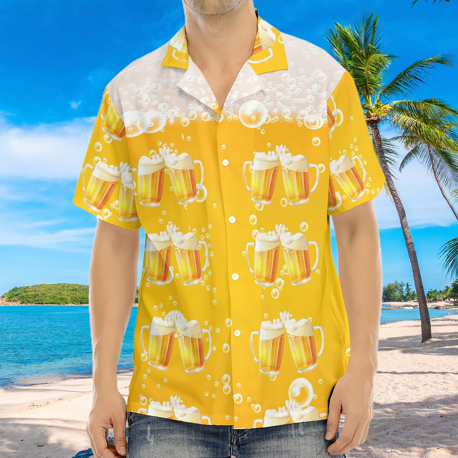 Chemise hawaïenne jaune à imprimé verre de bière pour homme