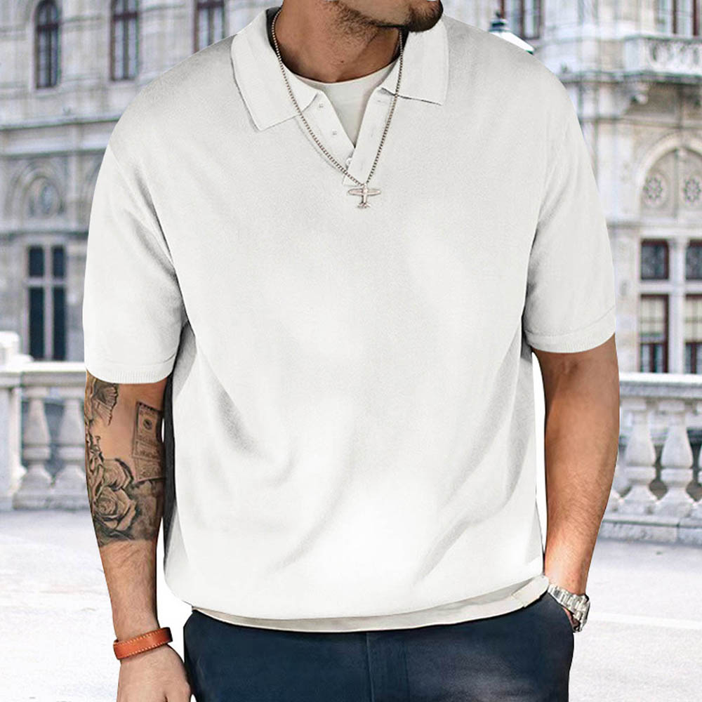 Lunebrille Polo à manches courtes en tricot boutonné à col en V vintage pour hommes