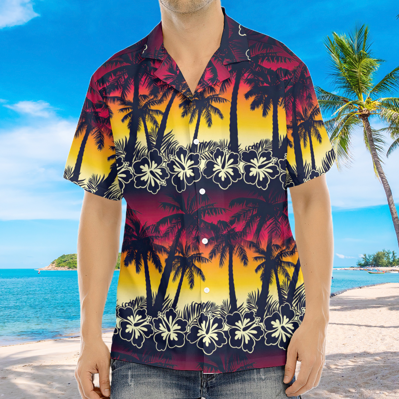 Chemise hawaïenne à imprimé cocotier pour homme