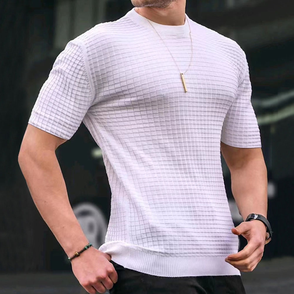 Lunebrille  T-shirt à manches courtes à col rond et petit carreaux pour hommes d'été