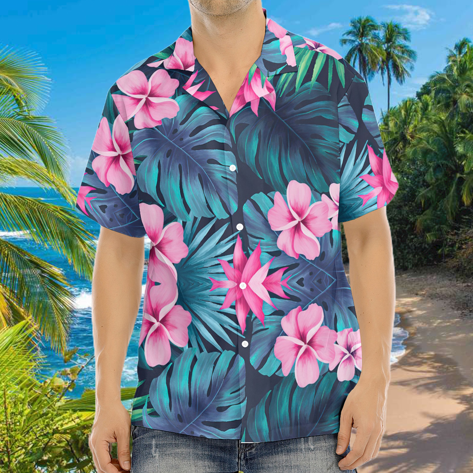 Chemise hawaïenne rose à imprimé pour hommes