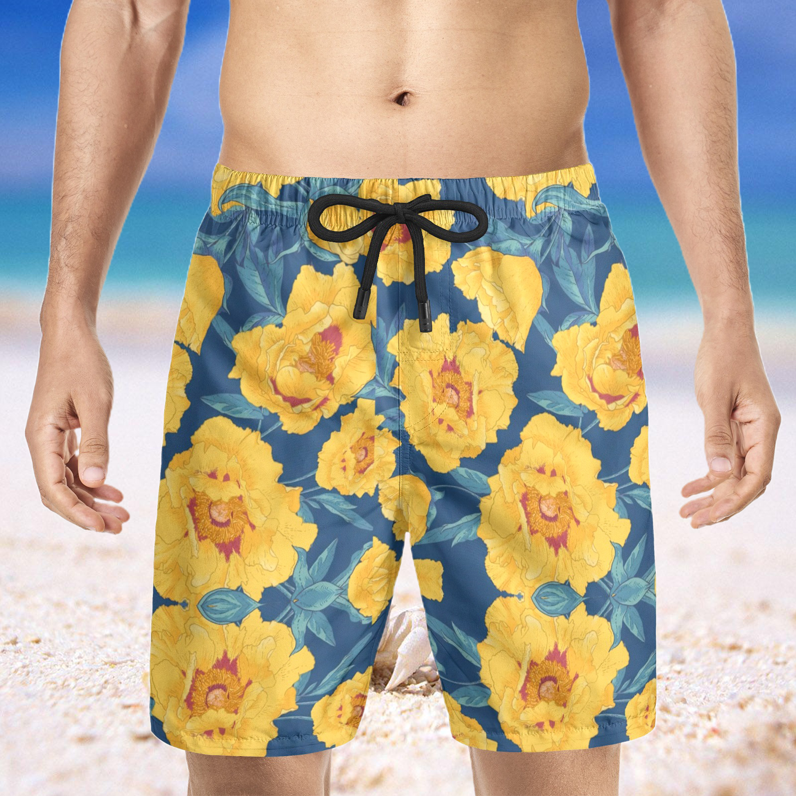 Short de plage hawaïen à fleurs jaunes pour hommes