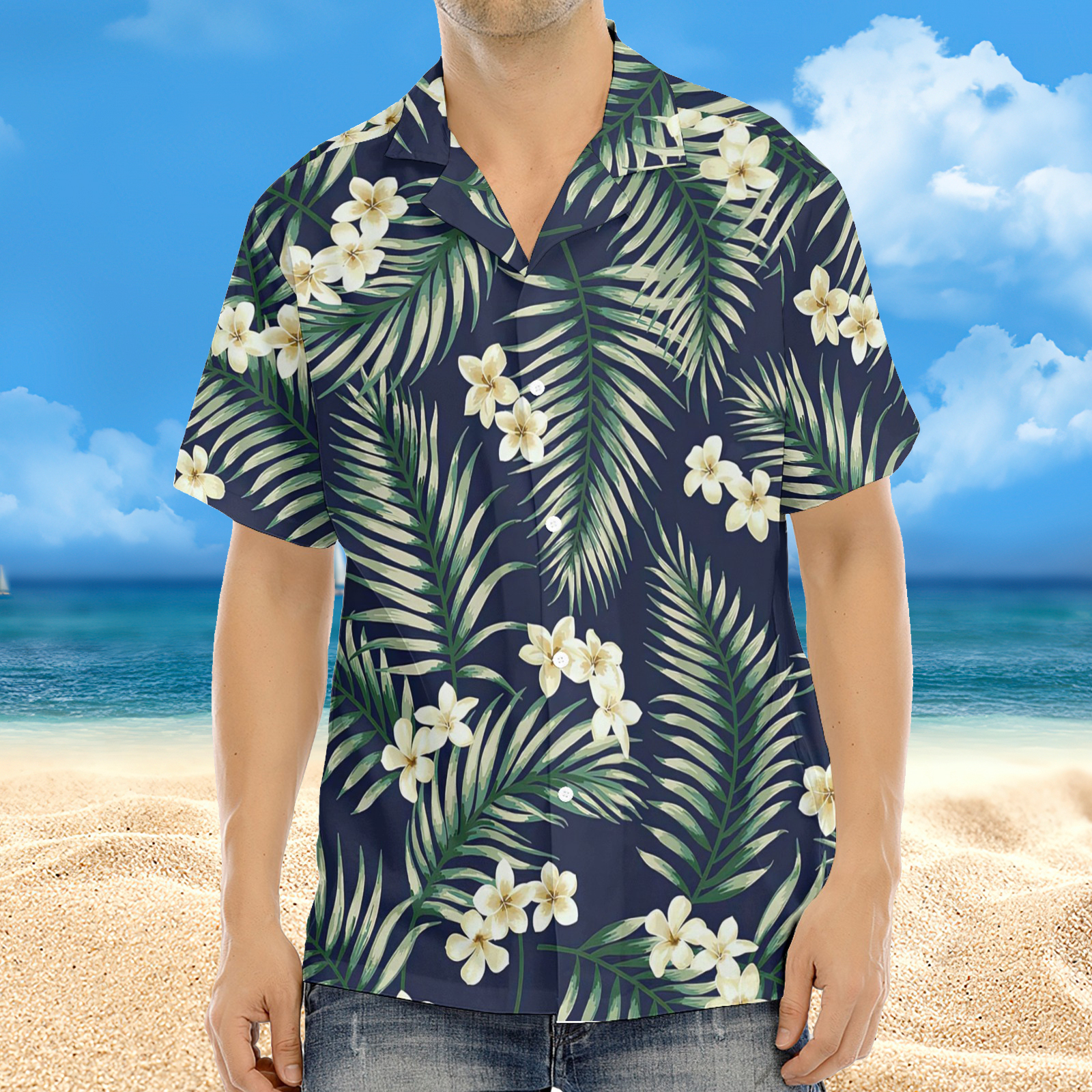 Chemise Hawaïenne Homme Imprimé Feuilles Vertes Et Fleurs Blanches