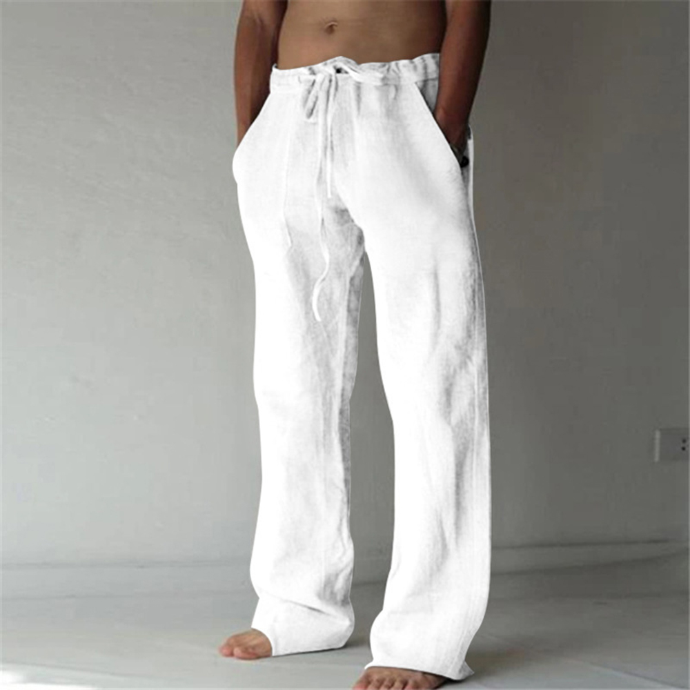 Pantalon décontracté à jambe large en lin mince de couleur unie pour hommes