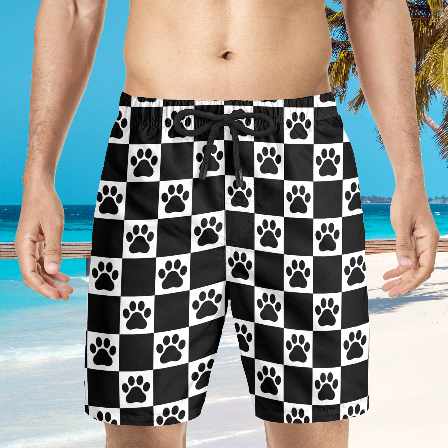 Short de plage à imprimé hawaïen à carreaux noir et blanc pour homme