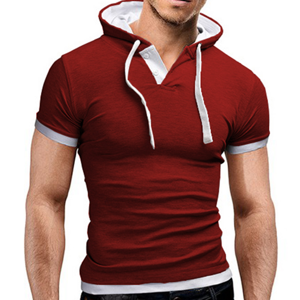 Gioiacombo™ T-shirt da uomo con cappuccio e coulisse con bottoni a manica corta