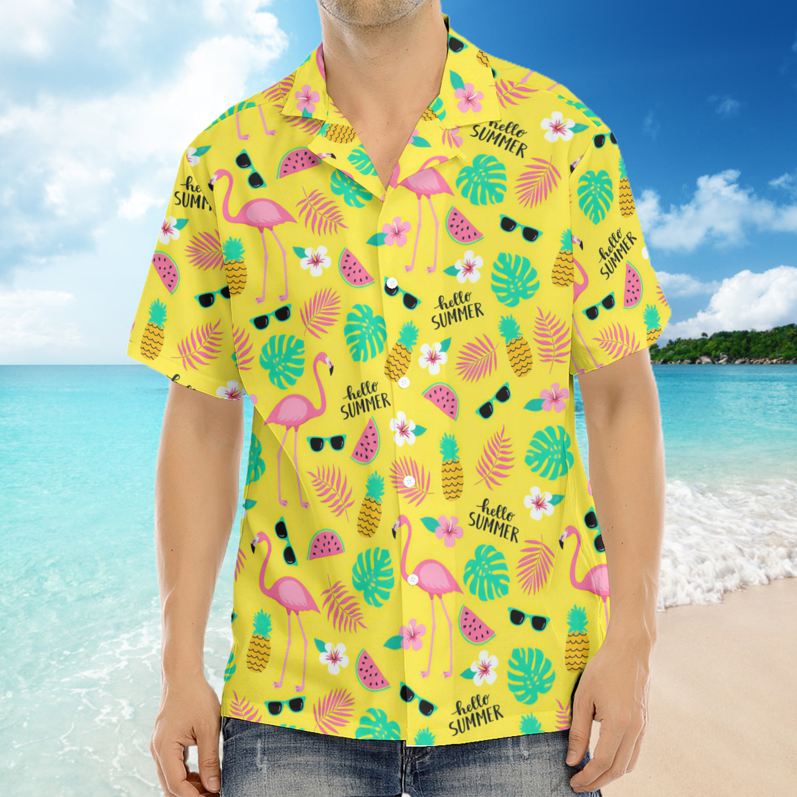 Chemise à manches courtes imprimée jaune hawaïenne pour hommes