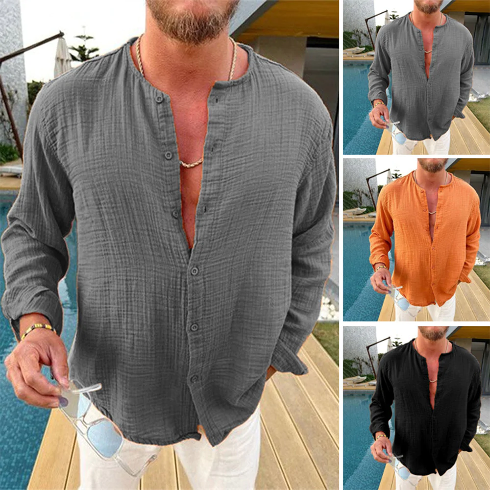  Chemise à manches longues avec boutons à col rond en coton et lin