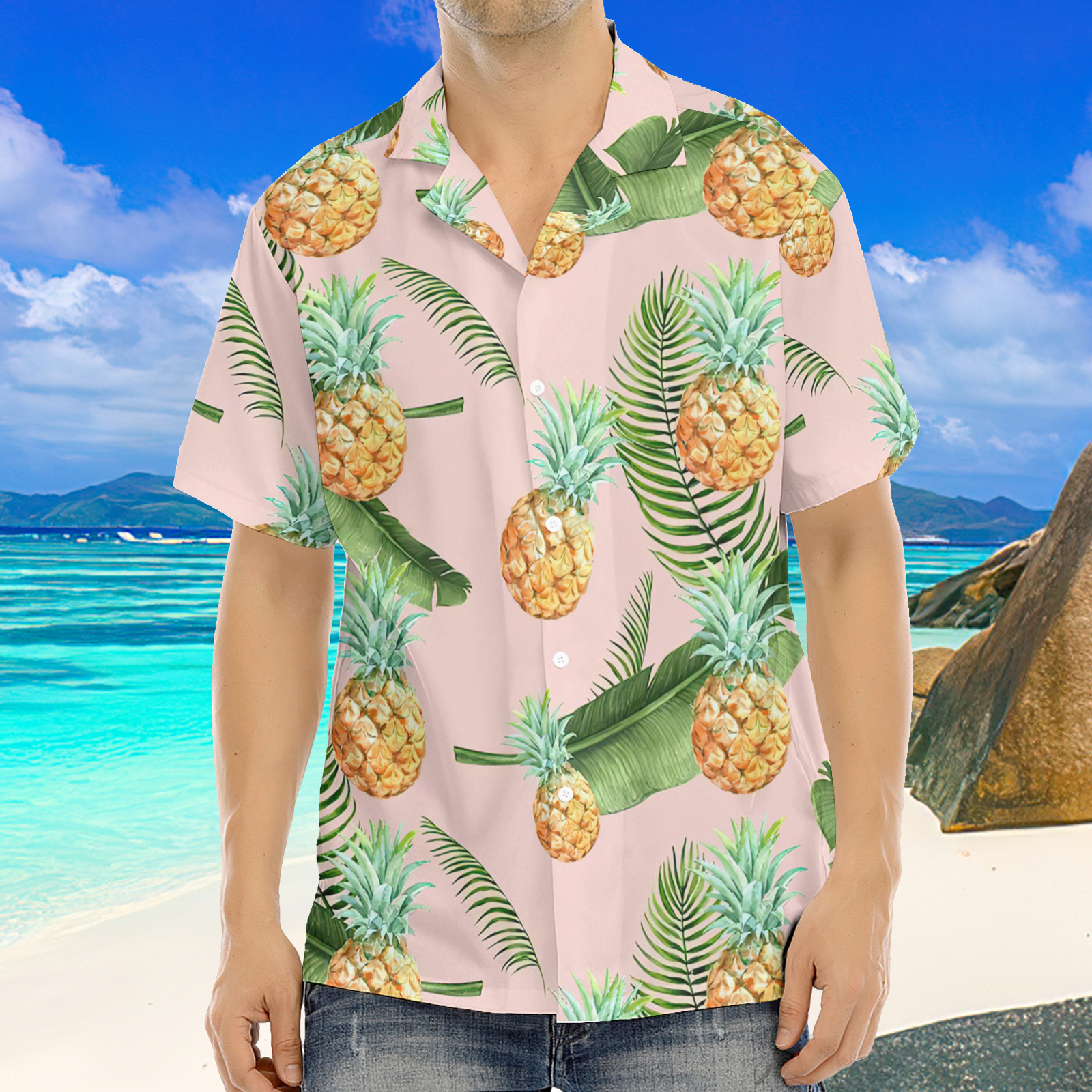Chemise Homme Rose Imprimé Ananas Hawaïens