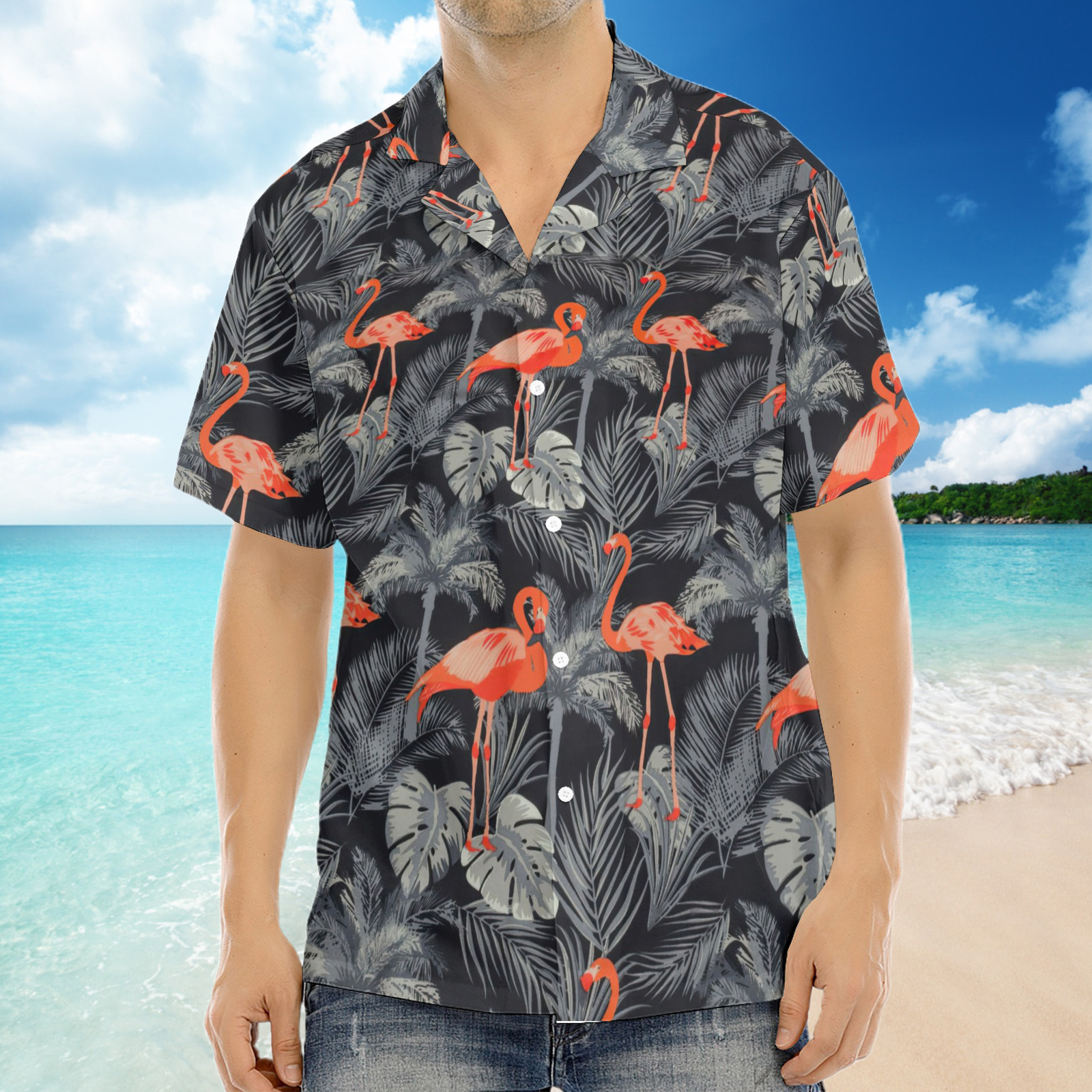Chemise hawaïenne à manches courtes pour homme avec flamant noir