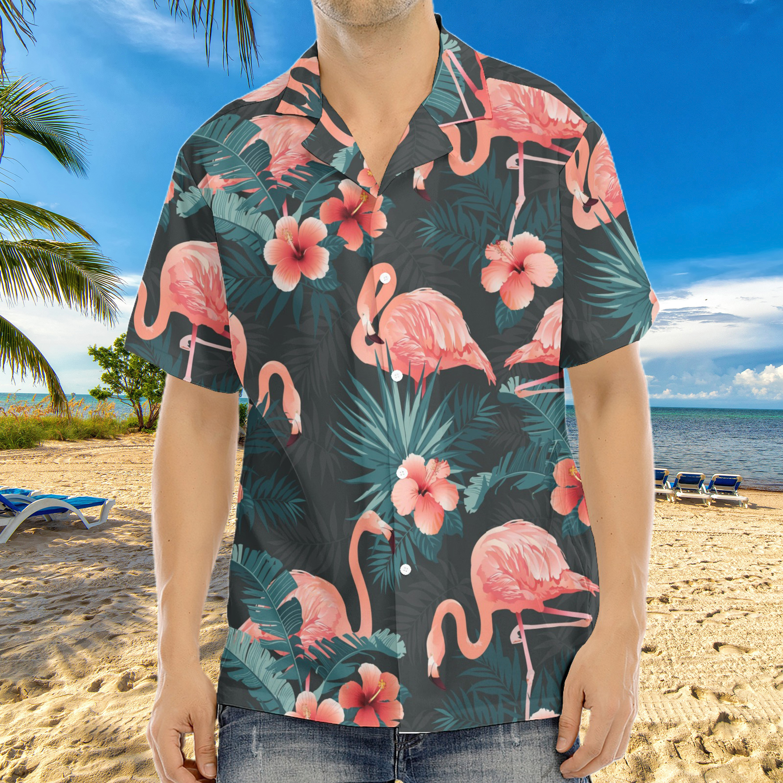 Chemise à manches courtes vert foncé hawaïenne pour hommes